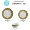 Martha Stewart Gracie Lane 12-Piece Porcelain Chip and Scratch Resistant Decorated Dinnerware Set – Sharkey Grey w/Gold Rim(Olive Green w/ Gold Rim)