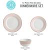 Martha Stewart Gracie Lane 12-Piece Porcelain Chip and Scratch Resistant Decorated Dinnerware Set – Sharkey Grey w/Gold Rim(Pink w/ Gold Rim)