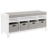 Martha Stewart Kids’ Storage Bench – Linen White: Wooden Toy and Book Organizer with Shelves, Built-in Cushion and Fabric Bins for Playroom and Bedroom(Linen White)