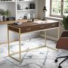 Martha Stewart Ollie Home Office Desk with 3 Drawers in White with Polished Brass Hardware(Walnut Top/Polished Brass Frame)