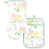 Martha Stewart Amber Floral Oven Mitt & Pot Holder Set 2-Pack, Pink/Yellow, OM: 7″x13″ & PH: 7″x10″(Petal Pink)