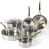 Martha Stewart Castelle 10 Piece 18/8 Durable Stainless Steel Induction Safe Non-Toxic Triply Bottom Kitchen Pots and Pans Cookware Set – Dishwasher Safe(Stainless Steel W/ Gold Handle)