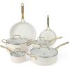 Martha Stewart Lockton Premium Non stick Non Toxic PFA Free Ceramic Interior 10 Piece Heavy Gauge Enamel Aluminum Pots and Pans Cookware Set – Linen White w/Gold Handle(Linen w/ Gold Handle)