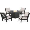 Martha Stewart by POLYWOOD® Chinoiserie 5-Piece Deep Seating Set with Fire Pit Table in Sand/Glacier Spa(Black / Dune Burlap)