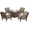 Martha Stewart by POLYWOOD® Chinoiserie 5-Piece Deep Seating Set with Fire Pit Table in Sand/Glacier Spa(Mahogany / Spiced Burlap)