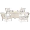 Martha Stewart by POLYWOOD® Chinoiserie 5-Piece Deep Seating Set with Fire Pit Table in Sand/Glacier Spa(Sand / Leaf Dune Burlap)
