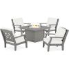 Martha Stewart by POLYWOOD® Chinoiserie 5-Piece Deep Seating Set with Fire Pit Table in Sand/Glacier Spa(Slate Grey / Natural Linen)