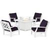Martha Stewart by POLYWOOD® Chinoiserie 5-Piece Deep Seating Set with Fire Pit Table in Sand/Glacier Spa(White / Navy Linen)