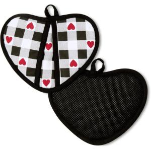 MARTHA STEWART Love Check Gingham Heart Shaped Pot Holder 2-Pack Set, 100% Cotton, Heat Resistant with Flexible Silicone Grip, Valentine’s Day Décor, Black/White/Red, 7”x8.5”