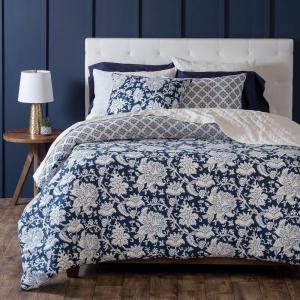 MARTHA STEWART Natalie King Size Duvet, 3 Piece Set-1 Duvet Cover, 2 Pillow Shams, Crinkle Velvet Texture, Soft & Royal, Machine Wash, 104″x92″ with Button Closure, Champagne(Navy / White)