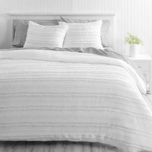 MARTHA STEWART Natalie King Size Duvet, 3 Piece Set-1 Duvet Cover, 2 Pillow Shams, Crinkle Velvet Texture, Soft & Royal, Machine Wash, 104″x92″ with Button Closure, Champagne(Textured White)