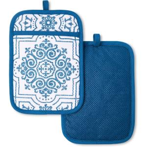 MARTHA STEWART Strie Medallion Pot Holder 2-Pack Set, Heat Resistant, Non-Slip Silicone Grip, Navy Blue, 7″x10″