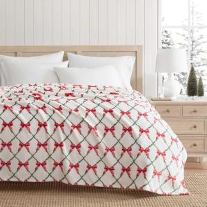 Martha Stewart – Blanket, Incredibly Soft Throw Blanket for Couch or Bed, Printed Plush & Oversized Bedding (Madison Gingham Green, 60″ x 70″)(Emmas Bow White)