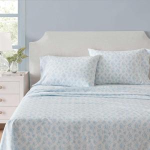 Martha Stewart – Full Size Sheets Set, Crisp & Tailored Cooling Sheets w/a Naturally Smooth Cotton Percale Lightweight Feel – Bed Sheets with Matching Pillowcases & Fitted Sheet (Small Gingham Pink)(Floral Blue)