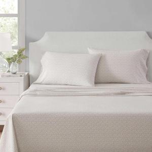 Martha Stewart – Full Size Sheets Set, Crisp & Tailored Cooling Sheets w/a Naturally Smooth Cotton Percale Lightweight Feel – Bed Sheets with Matching Pillowcases & Fitted Sheet (Small Gingham Pink)(Leaves Beige)