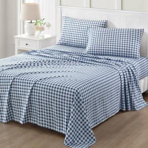 Martha Stewart – Ultra Soft Brushed and Washed Microfiber 4 Piece Sheet Set, Easy Care, Comfy Bed Sheets with Deep Pocket, 1 Flat Sheet, 1 Fitted Sheet, 2 Std. Pillowcases, Queen Size, Navy Blue(Todd Checks Blue)