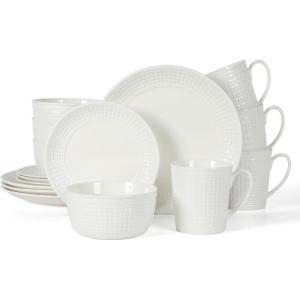 Martha Stewart 16 Piece Basket Weave New Bone China Embossed Porcelain Chip and Scratch Resistant Dinnerware Set(White (Basket Weave))