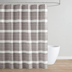 Martha Stewart Adrien Farmhouse Shower Curtain, Neutral Color Striped Design with Pleated Accent, Soft Woven Fabric Shower Curtain Boho Modern Bathroom Décor, Machine Washable 72″ x 72″, Denim(Linen)