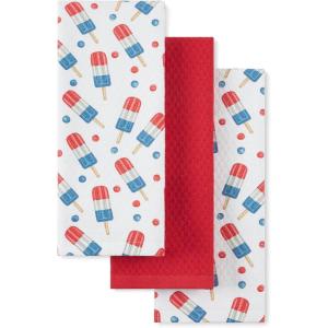 Martha Stewart Americana Stripesicle Ice Pop Holiday Kitchen Towels 3-Pack Set, 100% Cotton, Absorbent, Patriotic USA America Decor, Red/White/Blue, 16″x28″