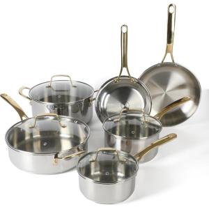 Martha Stewart Castelle 10 Piece 18/8 Durable Stainless Steel Induction Safe Non-Toxic Triply Bottom Kitchen Pots and Pans Cookware Set – Dishwasher Safe(Stainless Steel W/ Gold Handle)