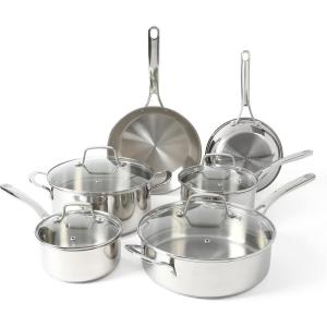 Martha Stewart Castelle 10 Piece 18/8 Durable Stainless Steel Induction Safe Non-Toxic Triply Bottom Kitchen Pots and Pans Cookware Set – Dishwasher Safe(Stainless Steel)