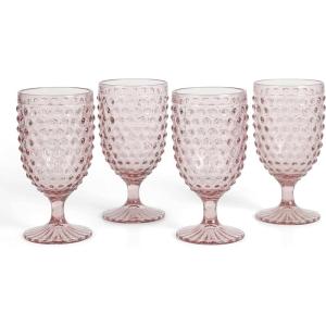 Martha Stewart Chauncey 4-Pack Hobnail Glass Tumblers, 14.3 oz – Handmade Pink Drinking Glasses, Vintage Textured Water Cups for Everyday Use or Entertaining(Pink (Hobnail))