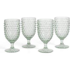 Martha Stewart Chauncey 4-Pack Hobnail Glass Tumblers, 14.3 oz – Handmade Pink Drinking Glasses, Vintage Textured Water Cups for Everyday Use or Entertaining(Green (Hobnail))