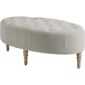 Martha Stewart Clara Coffee Table – Solid Wood Frame, Soft Fabric, Button Tufted, Oval Large Accent Ottoman – Modern Foam Padded Top Footstool Cocktail Living Room Furniture, Linen