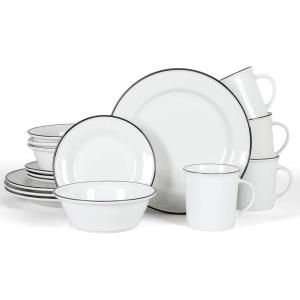 Martha Stewart Cliffield 16-Piece Porcelain Chip and Scratch Resistant Dinnerware Set – White w/Red Rim(White w/ Black Rim)