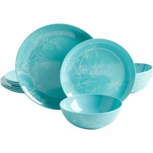 Martha Stewart Dragonfly 12 Piece Decorated Melamine Dinnerware Set – White(Teal)
