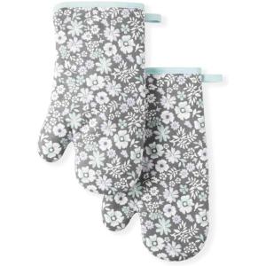 Martha Stewart Floral Vine Oven Mitt 2-Pack Set, Grey, 7″x13″(Ditsy Floral)