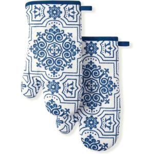 Martha Stewart Floral Vine Oven Mitt 2-Pack Set, Grey, 7″x13″(Strie Medallion)