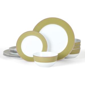 Martha Stewart Gracie Lane 12-Piece Porcelain Chip and Scratch Resistant Decorated Dinnerware Set – Sharkey Grey w/Gold Rim(Olive Green w/ Gold Rim)