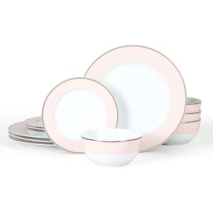 Martha Stewart Gracie Lane 12-Piece Porcelain Chip and Scratch Resistant Decorated Dinnerware Set – Sharkey Grey w/Gold Rim(Pink w/ Gold Rim)