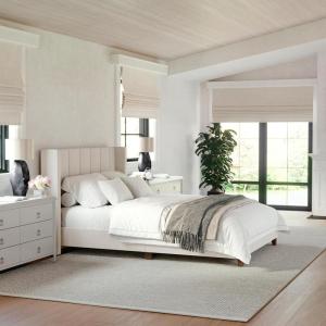 Martha Stewart Kay Low Profile Platform Bed with Wingback Headboard, Channel Stitched Faux Linen Upholstery, No Box Spring Needed, King, Beige(Beige Fabric/Walnut Legs)