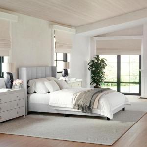 Martha Stewart Kay Low Profile Platform Bed with Wingback Headboard, Channel Stitched Faux Linen Upholstery, No Box Spring Needed, King, Beige(Gray Fabric/Black Legs)