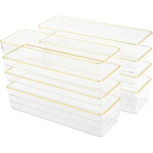 Martha Stewart Kerry Plastic Stackable Office Desk Drawer Organizers, 6″ x 3″, 6 Pack, with Gold Trim(9″ x 3″)