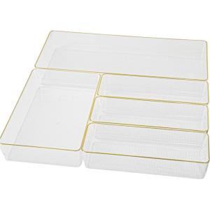 Martha Stewart Kerry Plastic Stackable Office Desk Drawer Organizers, Set of 5, with Gold Trim(Set of 5)