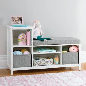 Martha Stewart Kids’ Jr. Reading Nook with Bins – Linen White: Kids Wood Bookshelf and Storage Bench with Open Shelves and Canvas Storage Bins for Toys, Games, and Books | Toddler Room Furniture