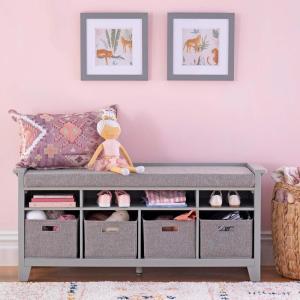 Martha Stewart Kids’ Storage Bench – Linen White: Wooden Toy and Book Organizer with Shelves, Built-in Cushion and Fabric Bins for Playroom and Bedroom(Grey)