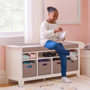 Martha Stewart Kids’ Storage Bench – Linen White: Wooden Toy and Book Organizer with Shelves, Built-in Cushion and Fabric Bins for Playroom and Bedroom(Linen White)