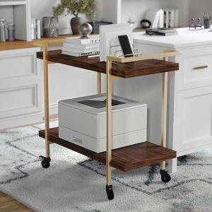 Martha Stewart Liam 2-Tier Mobile Office Storage and Printer Cart in White with Polished Brass Frame(Walnut/Polished Brass Frame)