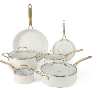 Martha Stewart Lockton Premium Non stick Non Toxic PFA Free Ceramic Interior 10 Piece Heavy Gauge Enamel Aluminum Pots and Pans Cookware Set – Linen White w/Gold Handle(Linen w/ Gold Handle)
