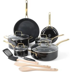 Martha Stewart Lockton Premium Non stick Non Toxic PFA Free Ceramic Interior 10 Piece Heavy Gauge Enamel Aluminum Pots and Pans Cookware Set – Linen White w/Gold Handle(Black w/ Gold Handles (Ceramic Nonstick Cookware))