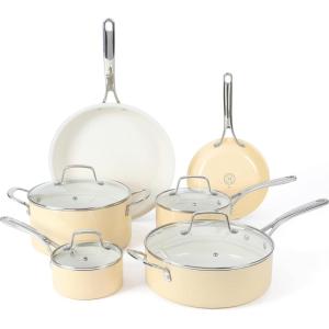 Martha Stewart Lockton Premium Nonstick 10 Piece Enamel Heavy Gauge Aluminum Pots and Pans Cookware Set – Martha Blue(Butter Cream)