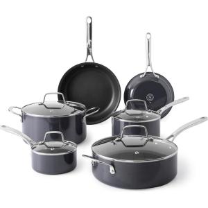 Martha Stewart Lockton Premium Nonstick 10 Piece Enamel Heavy Gauge Aluminum Pots and Pans Cookware Set – Martha Blue(Gray)