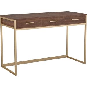 Martha Stewart Ollie Home Office Desk with 3 Drawers in White with Polished Brass Hardware(Walnut Top/Polished Brass Frame)