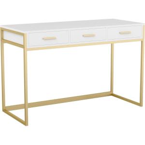 Martha Stewart Ollie Home Office Desk with 3 Drawers in White with Polished Brass Hardware(White Top/Polished Brass Frame)