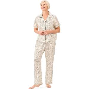 Martha Stewart Silky Sleepwear for Women | Satin 2-Pc Short Sleeve Notch Collar Top/Capri Pant Pajama Set | Sleek and Soft(Hearts and Dots)