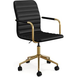 Martha Stewart Taytum Swivel Task Chair with Armrests for Home Office in Saddle Brown Faux Leather with Polished Nickel Frame(Black Faux Leather/Polished Brass Frame)